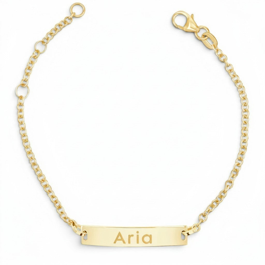 Lotus Diamond Kids Signature Classic Engravable ID Bracelet in 14K gold with "ARIA" engraved on the plate.