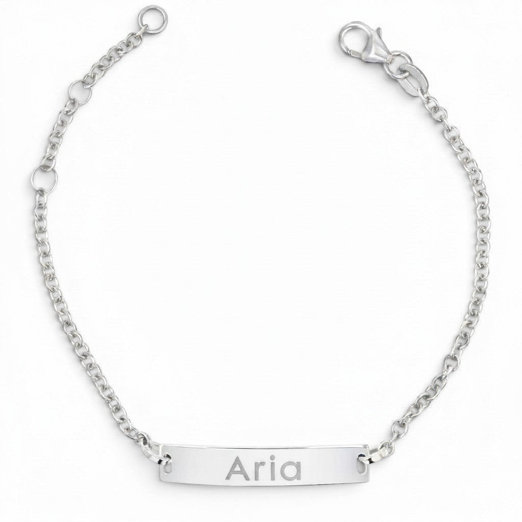 Lotus Diamond Kids Signature Classic Engravable ID Bracelet in solid 14K gold with "ARIA" engraved on the plate.