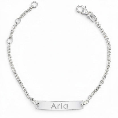 Lotus Diamond Kids Signature Classic Engravable ID Bracelet in solid 14K gold with "ARIA" engraved on the plate.