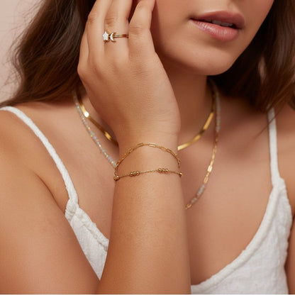 Lotus Diamond Kids Dainty Triple Gold Bead Bracelet with delicate gold chain, made from recycled gold.