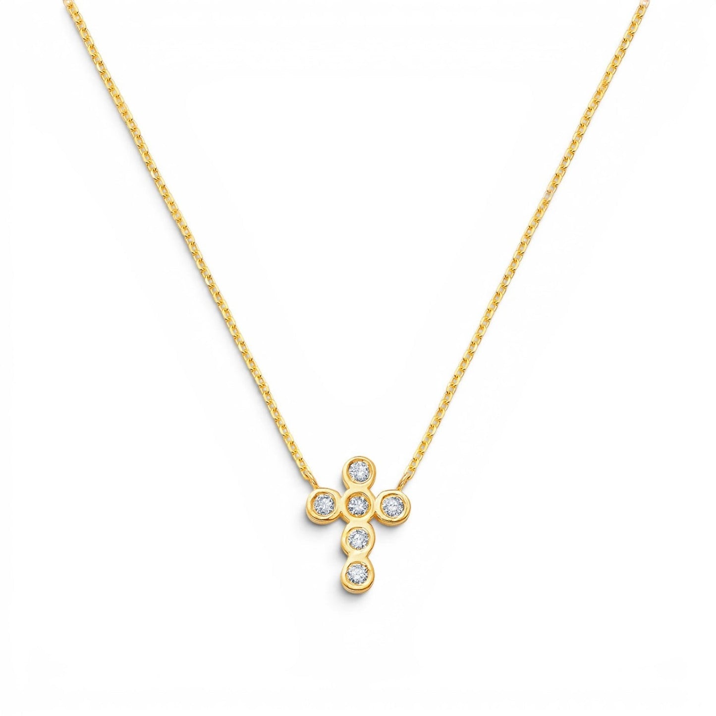 Lotus Diamond Kids 14K gold cross necklace with bezel set diamonds, delicate chain.