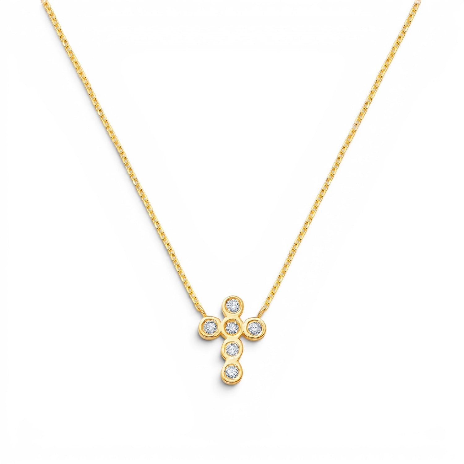 Lotus Diamond Kids 14K gold cross necklace with bezel set diamonds, delicate chain.