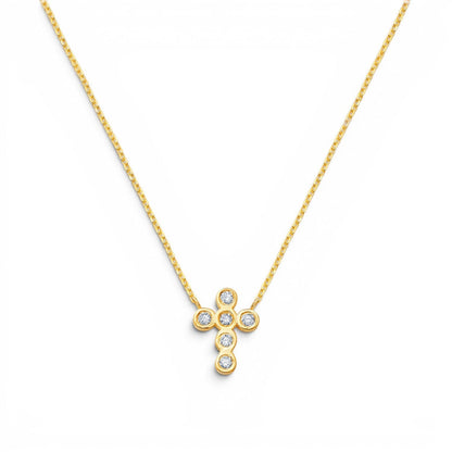 Lotus Diamond Kids 14K gold cross necklace with bezel set diamonds, delicate chain.