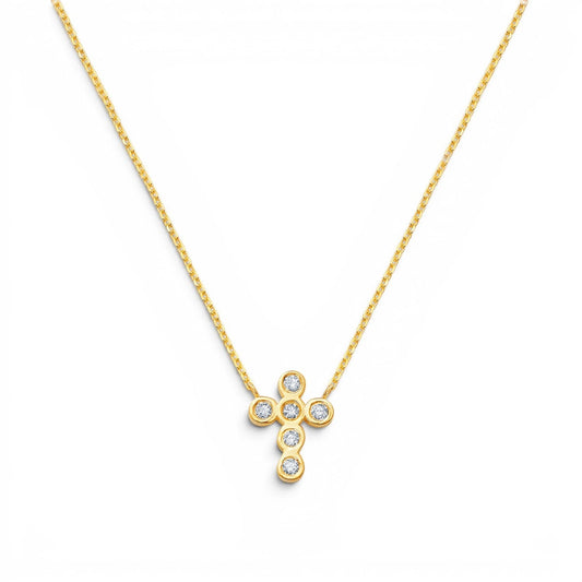 Lotus Diamond Kids 14K gold cross necklace with bezel set diamonds, delicate chain.