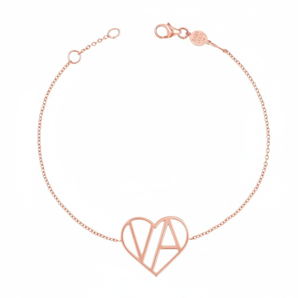 Lotus Diamond Kids Liv Luv Heart Bracelet with custom initials VA, made from 100% recycled gold.