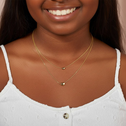 Lotus Diamond Kids Baby Love Heart Necklace, 14K solid gold, layered design with textured heart pendants.