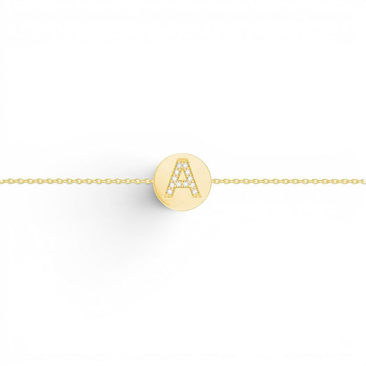 Lotus Diamond Kids Gold Initial Coin Bracelet with pave set diamonds on letter A.