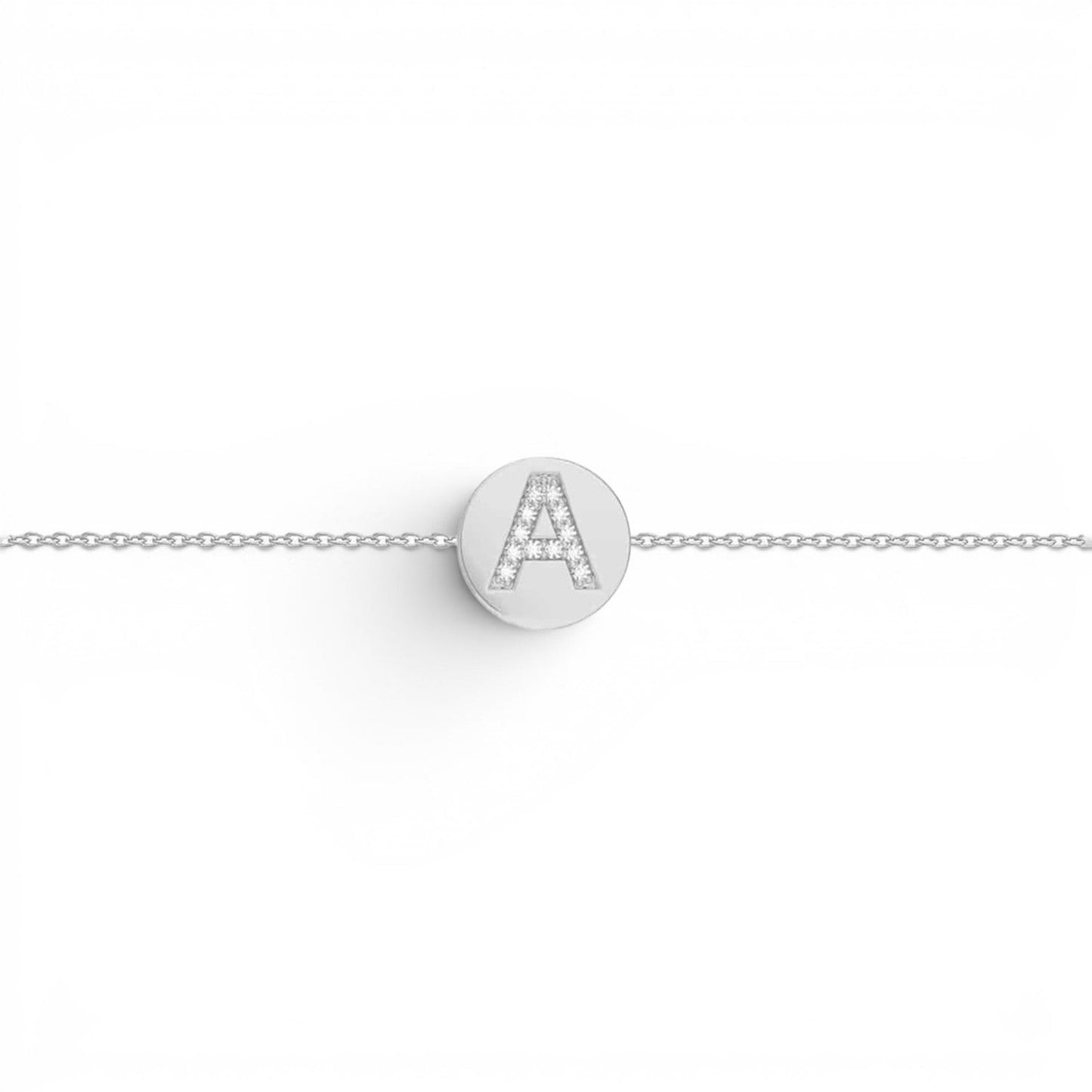 Lotus Diamond Kids Diamond Initial Coin Bracelet with pave set diamonds on a 14K gold chain. Features initial 'A'.