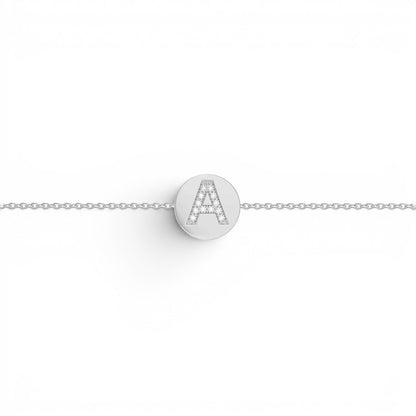 Lotus Diamond Kids Diamond Initial Coin Bracelet with pave set diamonds on a 14K gold chain. Features initial 'A'.