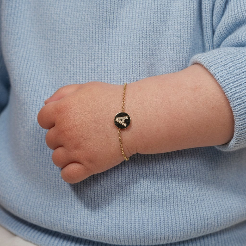 Lotus Diamond Kids Diamond Initial Coin Bracelet with 'A' initial, 14K gold, 0.04cts diamonds.