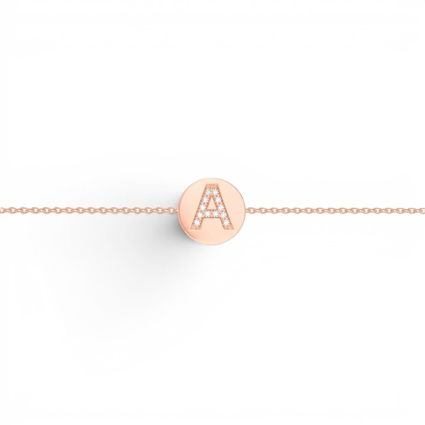 Lotus Diamond rose gold bracelet with a diamond-encrusted initial 'A' coin pendant. Approx. 0.04cts diamonds.