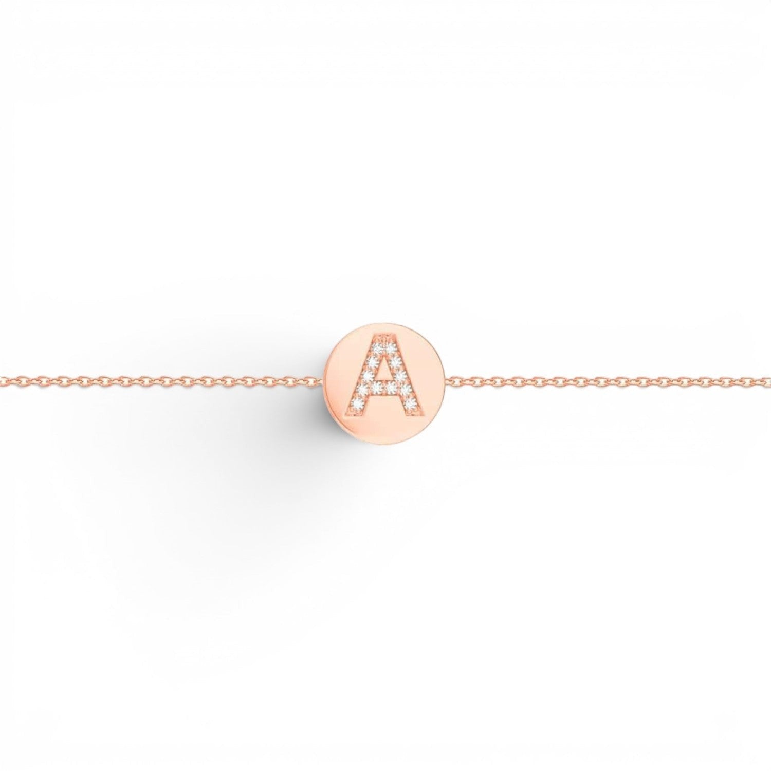 Lotus Diamond rose gold bracelet with a diamond-encrusted initial 'A' coin pendant. Approx. 0.04cts diamonds.