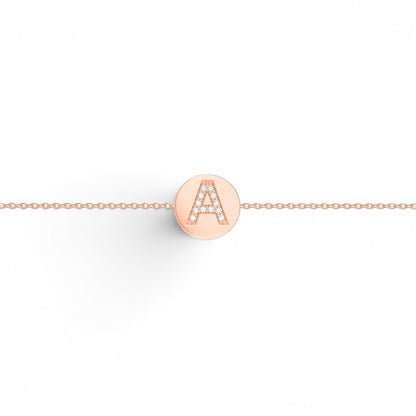 Lotus Diamond rose gold bracelet with a diamond-encrusted initial 'A' coin pendant. Approx. 0.04cts diamonds.