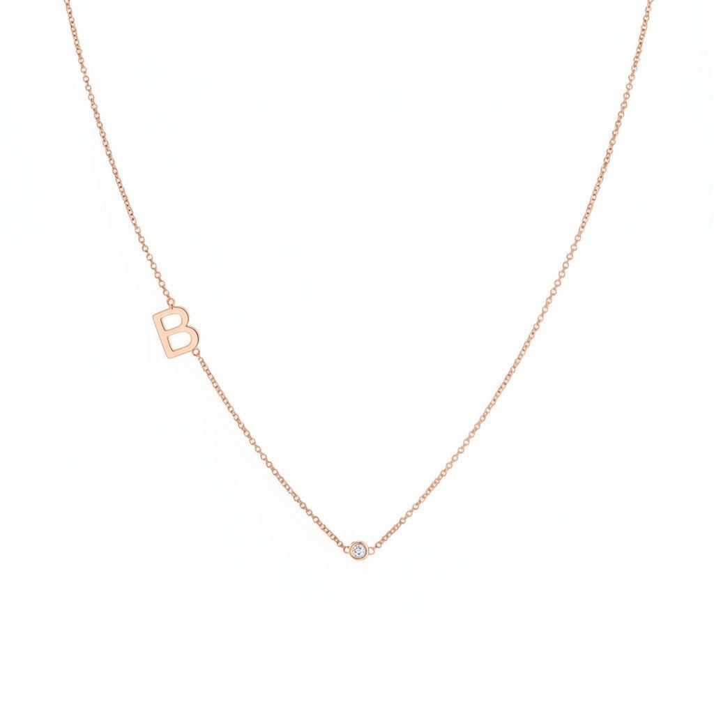 Lotus Diamond Kids Single Letter B Diamond Bezel Necklace in 14K solid gold with a 0.05ct solitaire diamond.