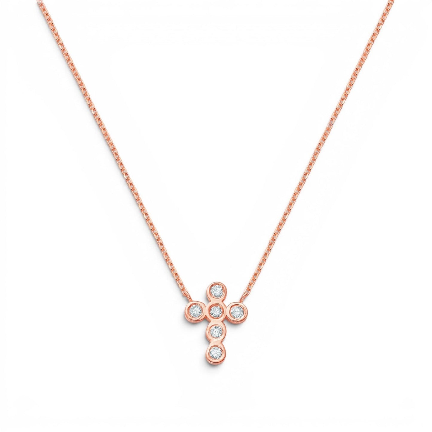 Lotus Diamond Kids 14K rose gold cross necklace with 5 bezel-set diamonds, approx. 0.10ct total.