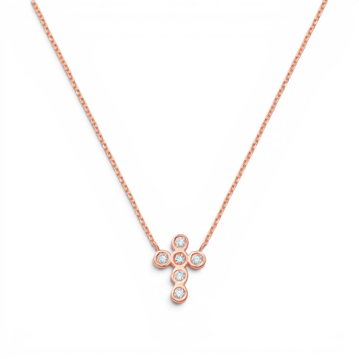 Lotus Diamond Kids 14K rose gold cross necklace with 5 bezel-set diamonds, approx. 0.10ct total.