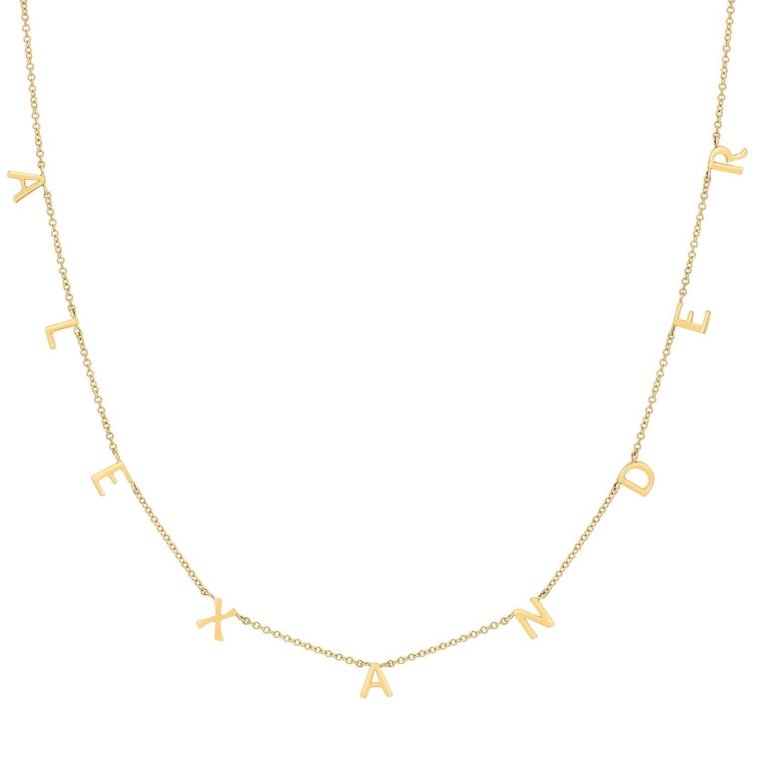 Lotus Diamond 14K yellow gold mini spaced letter necklace spelling 'ALEXANDER'. Dainty, personalized, sustainable, recycled gold.