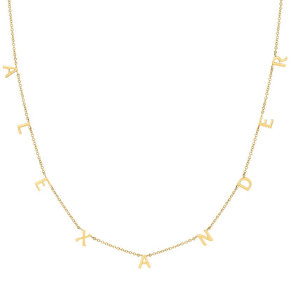 Lotus Diamond 14K yellow gold mini spaced letter necklace spelling 'ALEXANDER'. Dainty, personalized, sustainable, recycled gold.