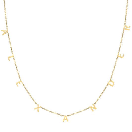 Lotus Diamond 14K yellow gold mini spaced letter necklace spelling 'ALEXANDER'. Dainty, personalized, sustainable, recycled gold.