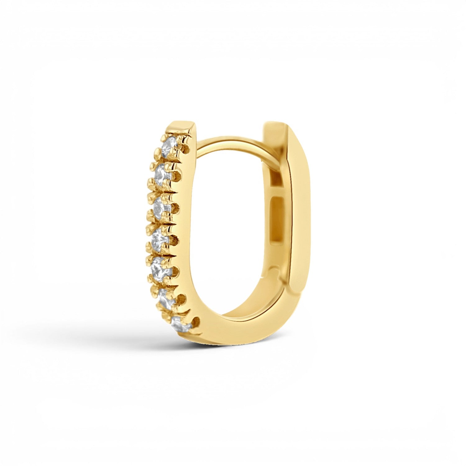 Lotus Diamond petite 14K gold huggie earrings with pave diamonds in a paperclip design.