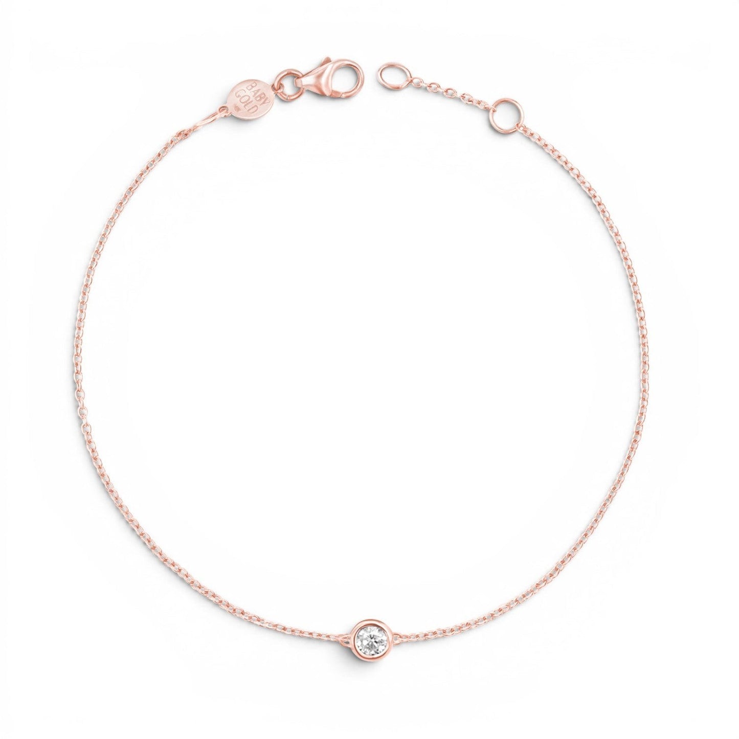 Lotus Diamond rose gold bracelet with a single round brilliant-cut diamond in a bezel setting on a delicate chain.