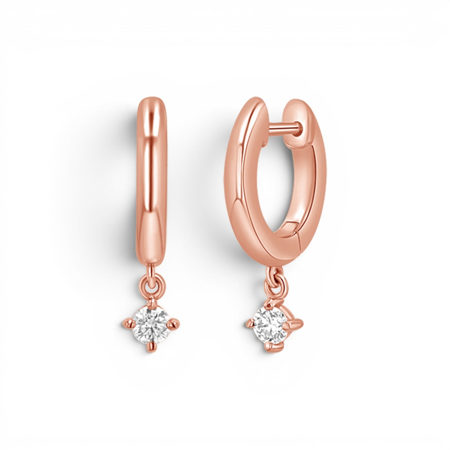 Lotus Diamond rose gold huggie earrings with dangling diamond charms. 14K gold, 2mm x 11mm.