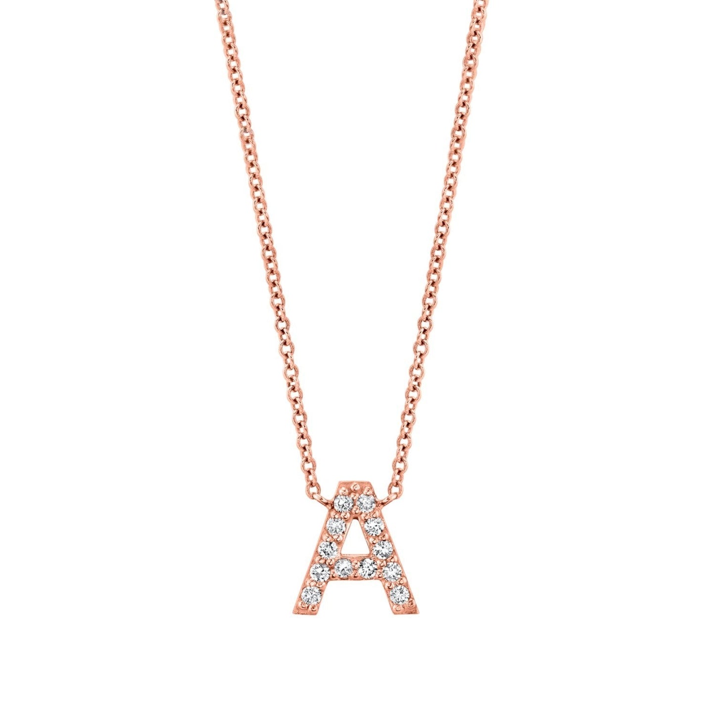 Lotus Diamond rose gold diamond pave letter A necklace on a dainty adjustable chain. Kids jewelry.
