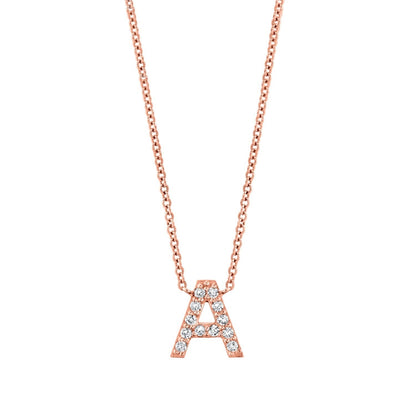 Lotus Diamond rose gold diamond pave letter A necklace on a dainty adjustable chain. Kids jewelry.