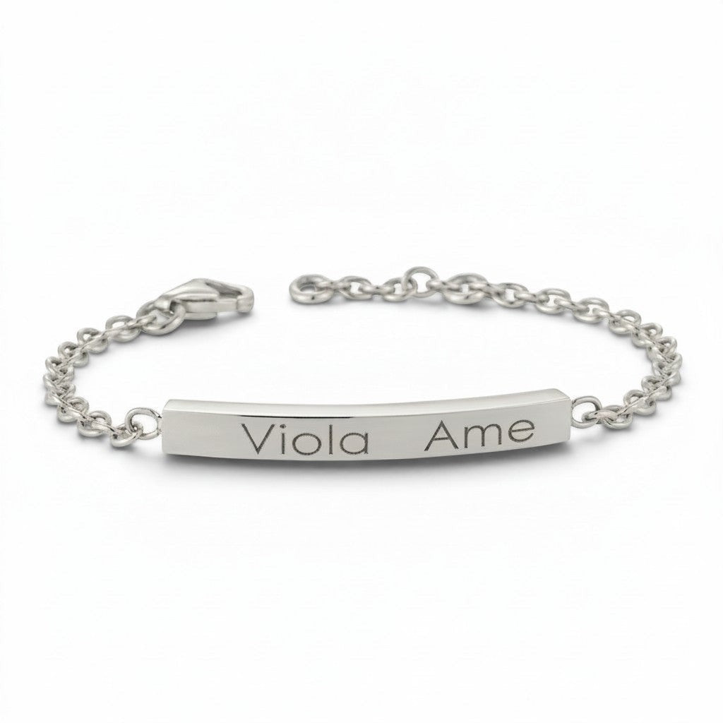 Lotus Diamond rose gold engravable bar bracelet with "Viola Ame" engraved. Made from 100% recycled gold.