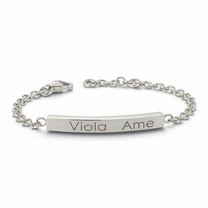Lotus Diamond rose gold engravable bar bracelet with "Viola Ame" engraved. Made from 100% recycled gold.