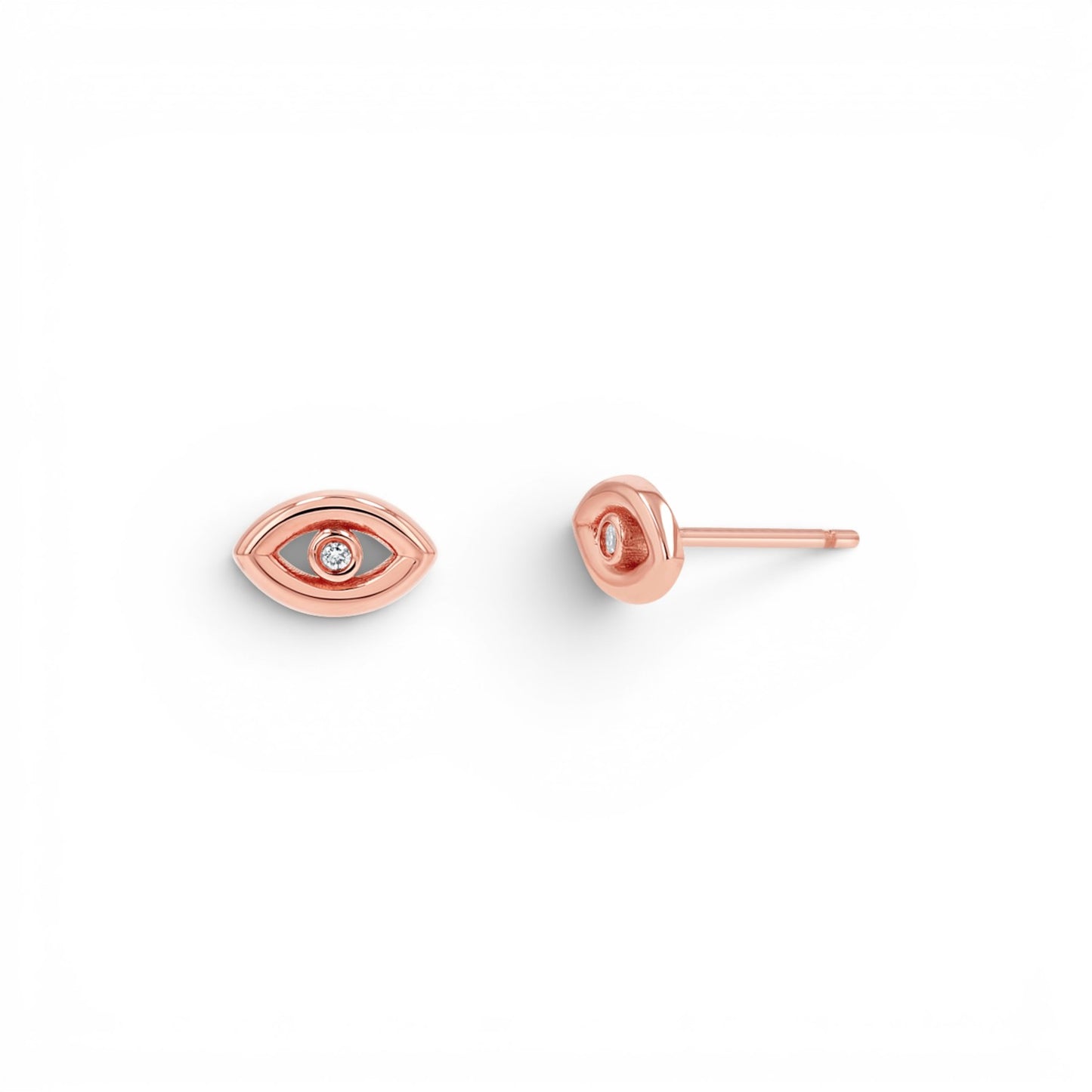 Lotus Diamond rose gold bezel set evil eye stud earrings with diamond accent. Sold as single or pair.