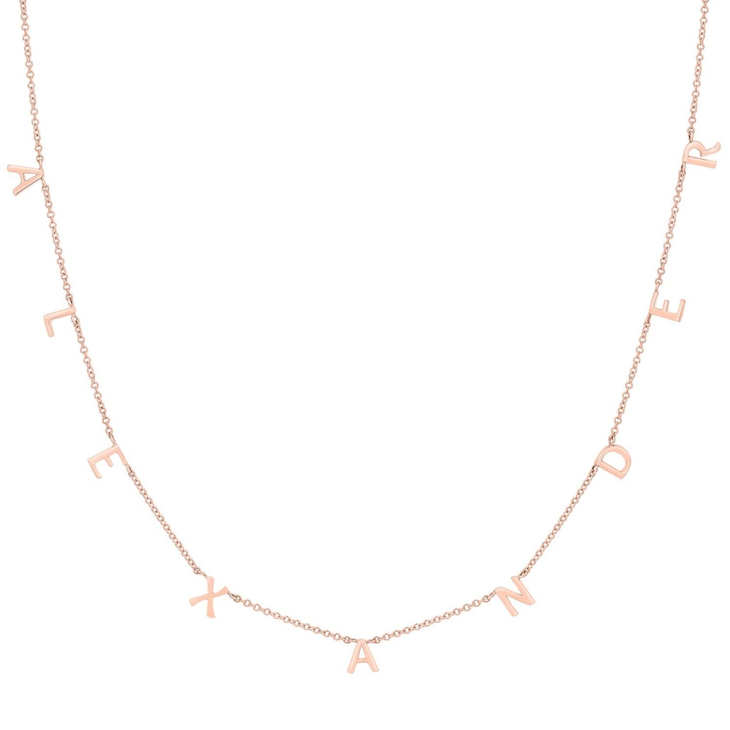 Lotus Diamond rose gold mini spaced letter necklace spelling "ALEXANDER". Dainty, personalized, sustainable, recycled gold.