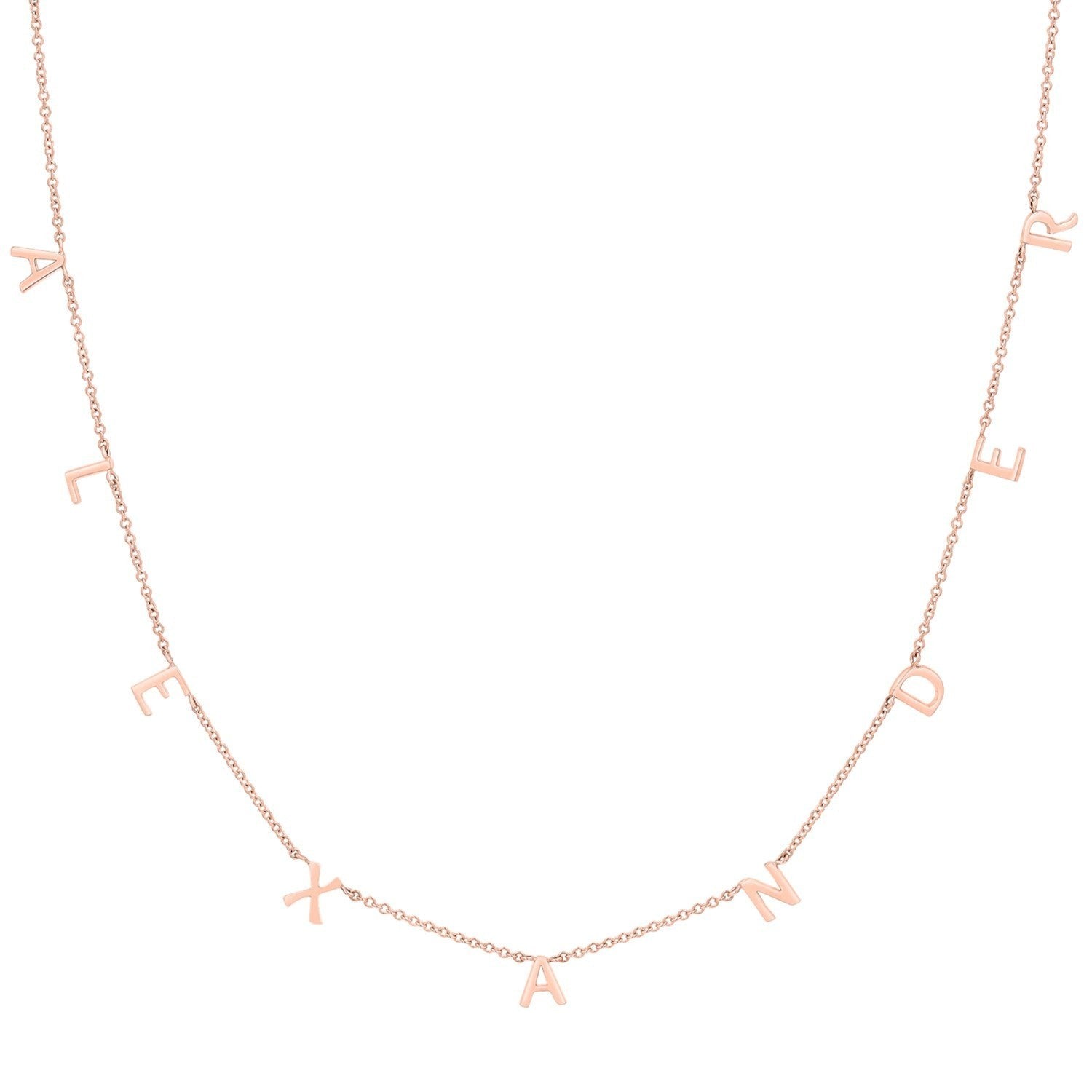 Lotus Diamond rose gold mini spaced letter necklace spelling "ALEXANDER". Dainty, personalized, sustainable, recycled gold.