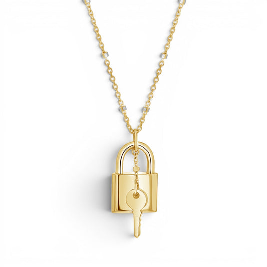 Love Padlock and Key Sparkle Chain Necklace - Lotus Diamond