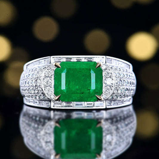 Men's Natural Emerald Ring - Style A - Lotus Diamond