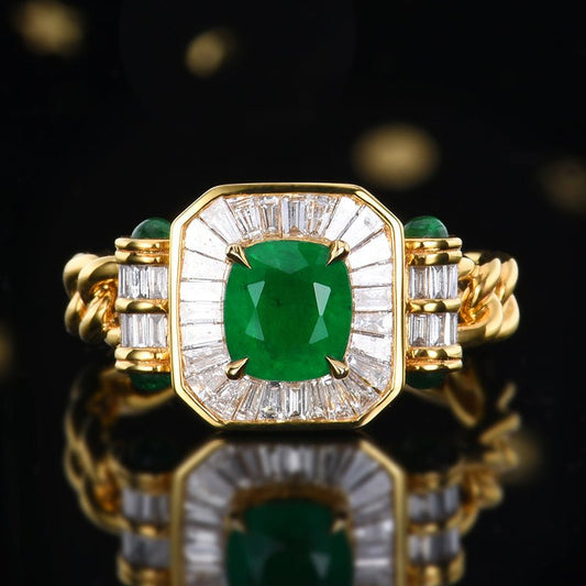 Natural Vivid Green Emerald Ring - Style B - Lotus Diamond