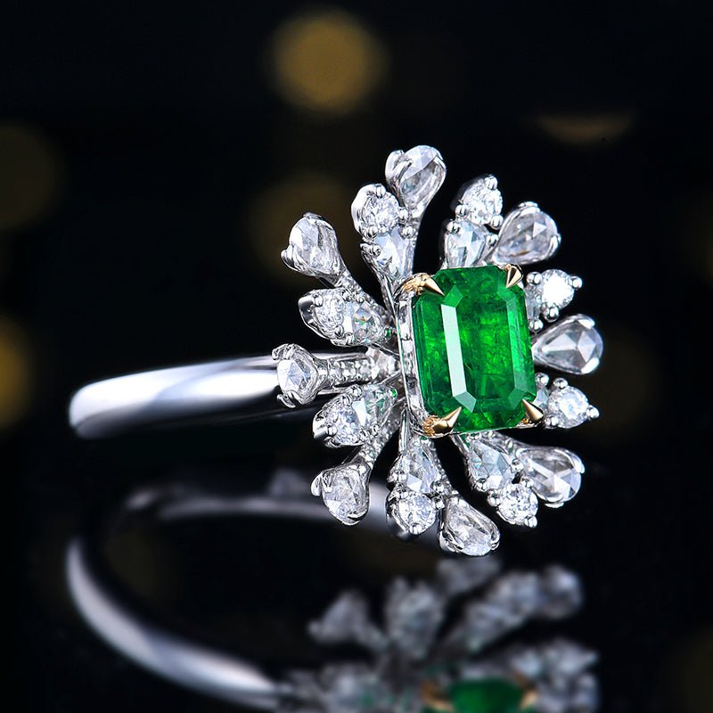 Natural Vivid Green Emerald Ring - Style J - Lotus Diamond