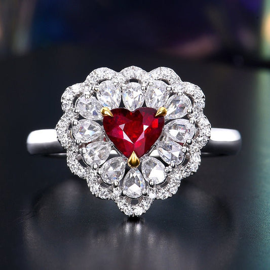 No burned pigeon Red Ruby ring Heart - shaped - Style B - Lotus Diamond