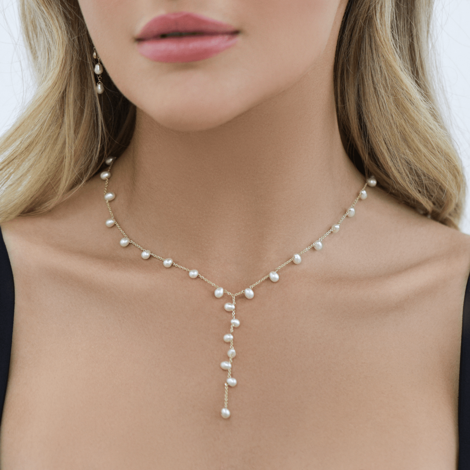 Pearl Lariat Y Chain Necklace - Lotus Diamond