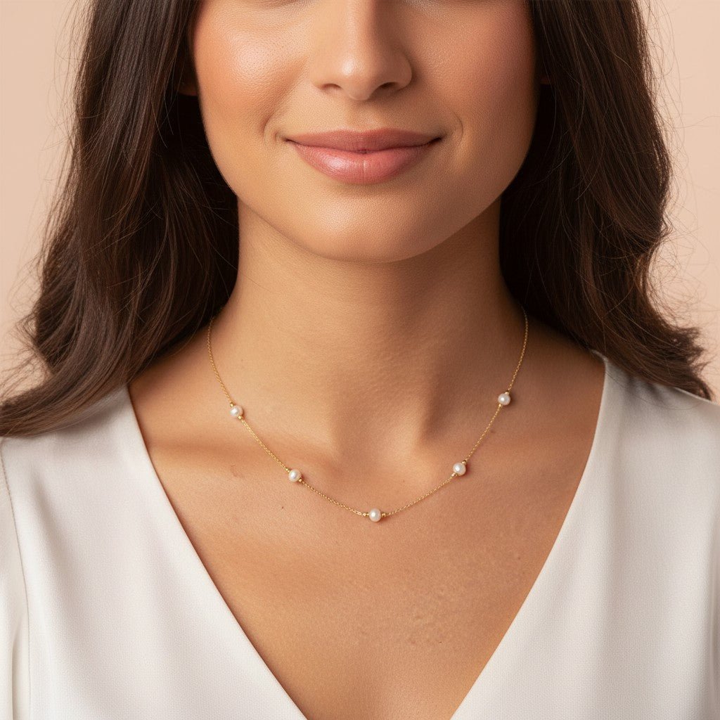 Pearl Station Necklace - Lotus Diamond