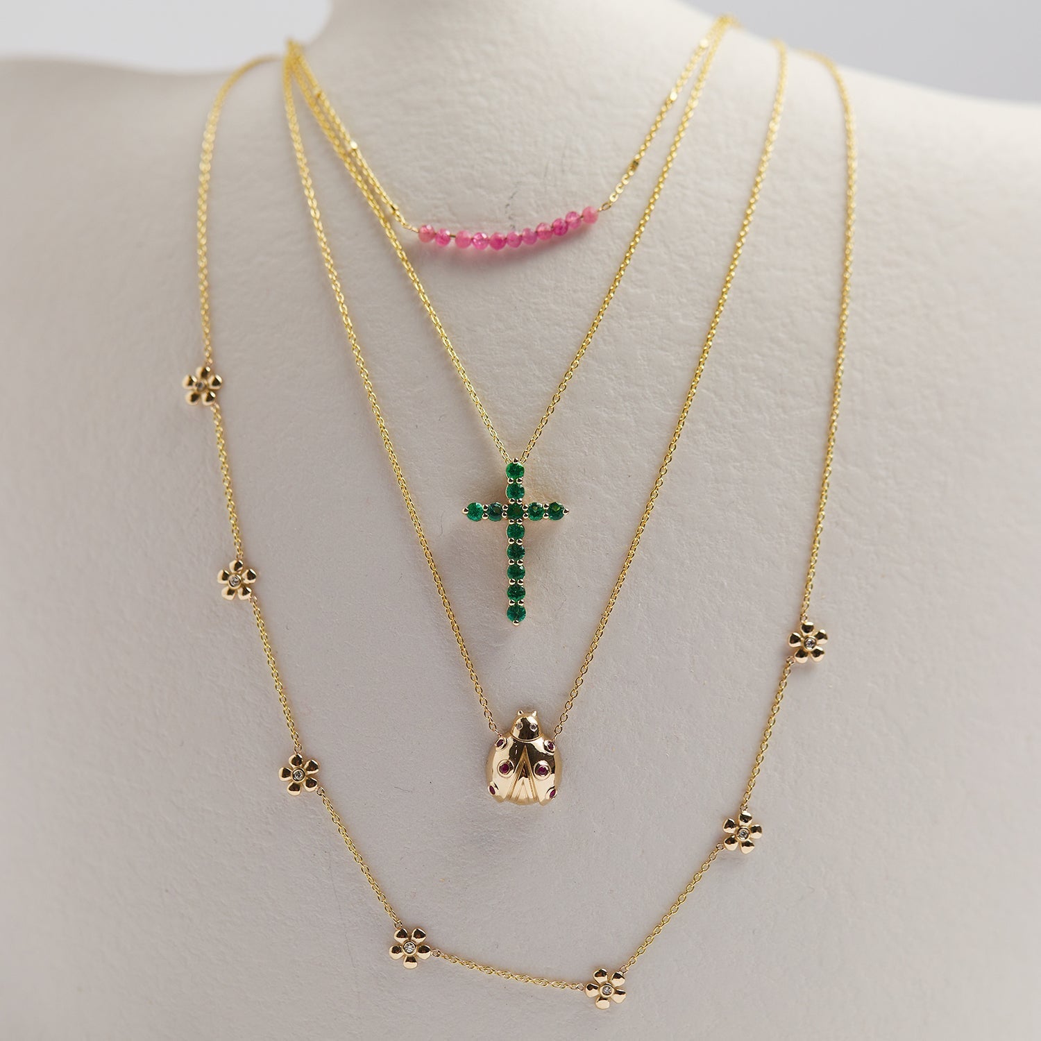 Pink Sapphire Bead Bar Necklace - Lotus Diamond