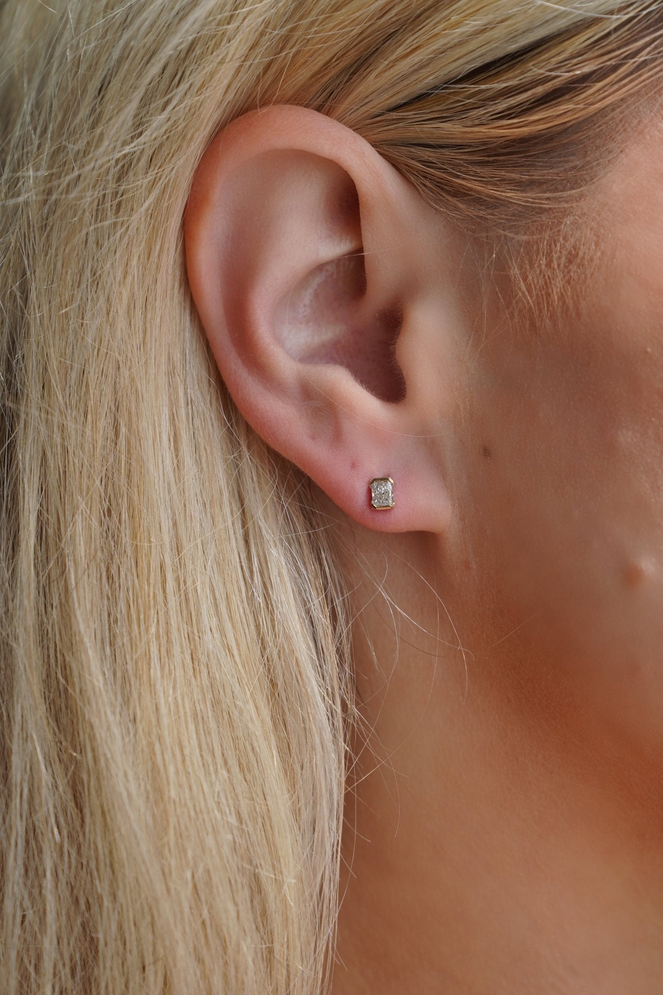 Portrait Half Bezel 0.5 CTW Lab Radiant Diamond Studs 14K White - Lotus Diamond