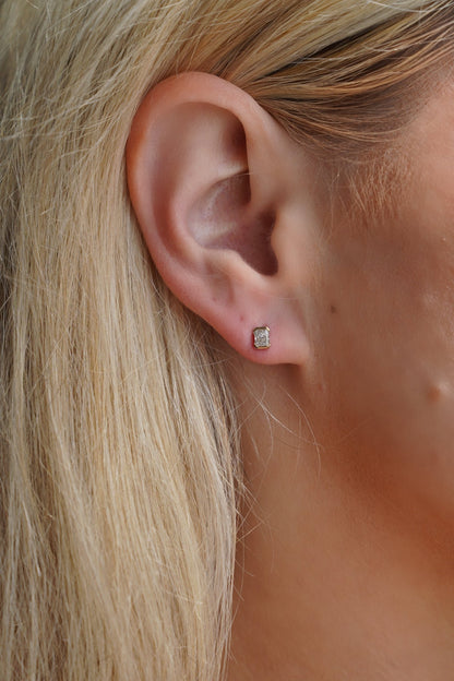 Portrait Half Bezel 0.5 CTW Lab Radiant Diamond Studs 14K White - Lotus Diamond