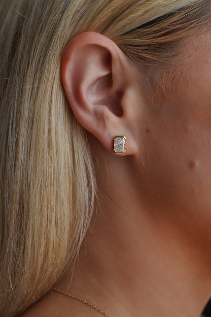 Portrait Half Bezel 3.0 CTW Lab Radiant Diamond Studs 14K Yellow - Lotus Diamond