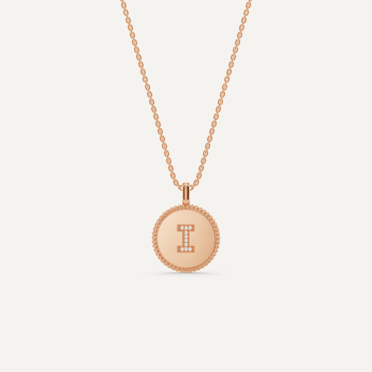 Round Diamond Initial I Pendant with Diamond Accent - Lotus Diamond