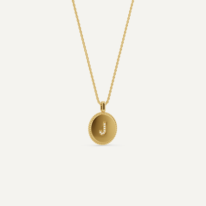 Round Diamond Initial J Pendant with Diamond Accent - Lotus Diamond