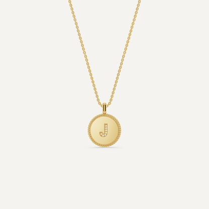 Round Diamond Initial J Pendant with Diamond Accent - Lotus Diamond