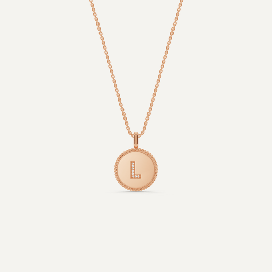 Round Diamond Initial L Pendant with Diamond Accent - Lotus Diamond