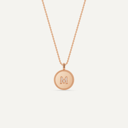 Round Diamond Initial M Pendant with Diamond Accent - Lotus Diamond