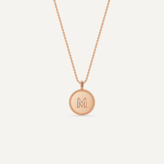 Round Diamond Initial M Pendant with Diamond Accent - Lotus Diamond